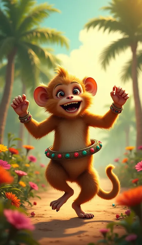 Indian Monkey dancing with a ring around his waist. 
 