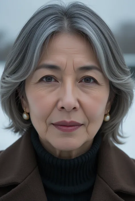 A Japanese woman, 58 years old, with streaks of white hair, exuding the grace and beauty of upper-class sophistication and mature charm (mature allure: 1.6). She has a serene and refined smile with fine laugh lines (fine wrinkles: 1.4), a natural age-appro...