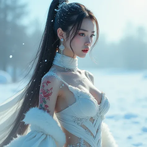 1girl, Solo, she have attractive,hot and sexy body, absurdle long hair, absently long ponytail, background Frost, fantasy world, frozen clothes, red tattooed body, earring jewelries, 8k, hd, bandages covering our body, snow woman, white aura, chest armour,...