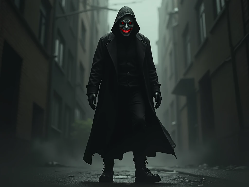 Crie um Serial killer, The mask is black with red eyes, and with a diabolic smile , and he wears a black coat ,black hood, black pants,black boots,And black gloves too 