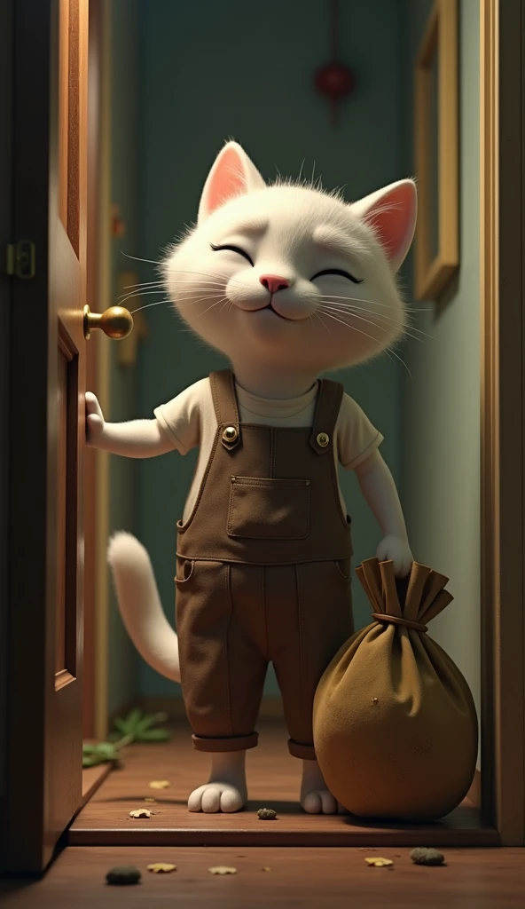 cinematic 3D style, HD image, realistic image ,colourful image.
Character, Thin Johnny young big white cat wearing a dirty white t-shirt and brown overalls,
Action,Johny the young big white cat is entering the house through the door and he has a big bag in...