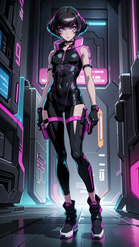 Create an illustration of Sasha from Cyberpunk: Edgerunners. She is a young netrunner with a slender and agile physique, reflecting her hacker lifestyle. Her hair is short, (black hair), messy, and brightly colored, often with neon highlights like electric...