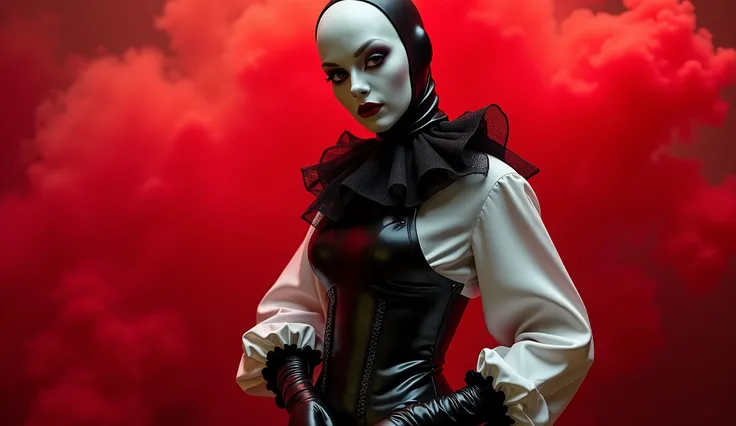 A woman in black gloves under a white blouse with long sleeves, leather corset,black frill. On his head is a shiny black latex balaclava with a white latex Pierrot face. Red, thick smoke in the background. Detailed hands. Accurate proportions.