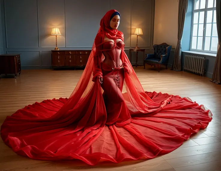 A woman shrouded in a 10-meter-long, plush red transparent cloth, tightly bound and grandly draping along the form of her body, flowing off into a pooled floor-length train,wear sexy corset,wear high heels, styled in a mermaid-inspired outfit, her head mod...