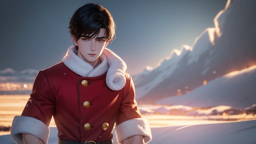 Highest quality, masterpiece, one 20-years-old-boy who is standing alone in front of a big Christmas tree, handsome, black hair, bangs covering the forehead, gray eyes, short hair, detailed depiction of the eyes and face, four fingers and one thumb, dress ...