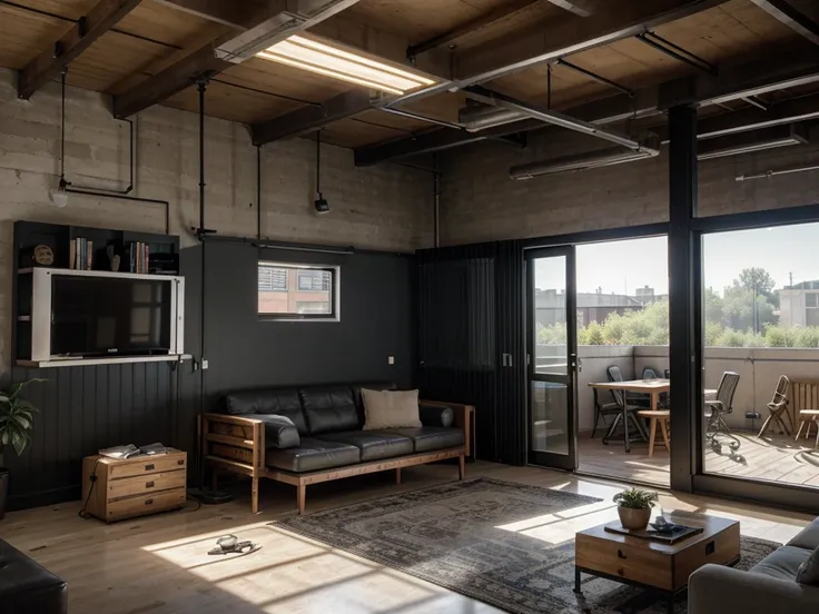 Loft-type space, ceiling height of four meters, three meters wide and 5 meters long. Industrial style. Wooden slats on the ceiling, ducts, exposed wires. Lighting with brushed steel pendants, large factory-style black frame windows, dark gray burnt cement ...