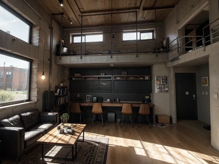 Loft-type space, ceiling height of four meters, three meters wide and 5 meters long. Industrial style. Wooden slats on the ceiling, ducts, exposed wires. Lighting with brushed steel pendants, large factory-style black frame windows, dark gray burnt cement ...