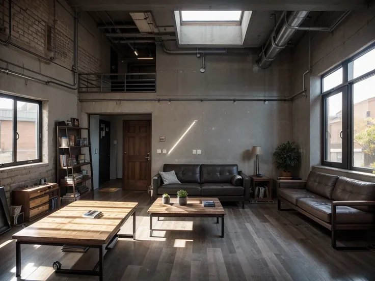 Loft-type space, ceiling height of four meters, three meters wide and 5 meters long. Industrial style. Wooden slats on the ceiling, ducts, exposed wires. Lighting with brushed steel pendants, large factory-style black frame windows, dark gray burnt cement ...