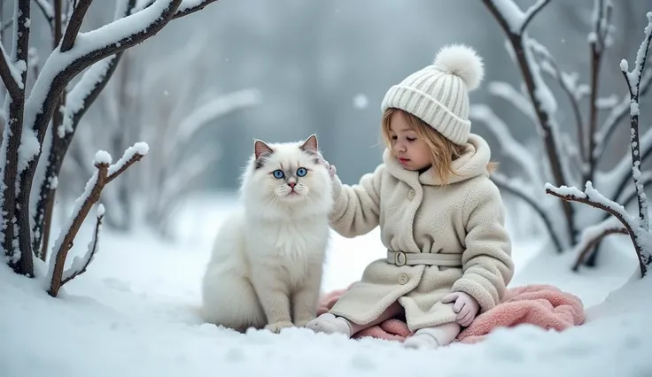 A serene winter scene features a young girl seated in the snow, accompanied by a white cat with striking blue-gray eyes and fluffy fur. The , positioned slightly to the left of center, wears a plush white knit hat with a pom-pom, a high-collared fuzzy whit...