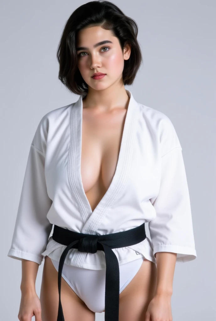 1girl, whole body shot, from the front, she is facing straight at viewer., beautiful girl Jennifer Connelly at age 18, she is tall and with broad shoulders., large breasts, cleavage, glossy black short cut hair, she wears a loose white Judo costume with th...