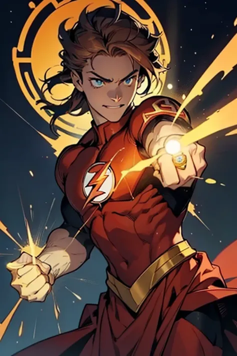 o Flash, ,  dressed in your iconic red costume with a golden ray emblem  , ,  stands before us with a hopeful expression .  adorning your sculpted features  . In his hand, ,  the distinct blue lantern ring shines  , ,  your power radiating palpable energy ...