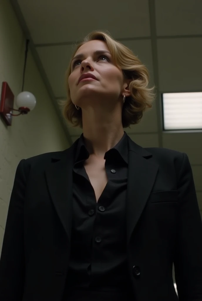 a woman in a black shirt and black jacket looking up, favorite scene, as she looks up at the ceiling, kim wexler, kimberly asstyn, but a stern look about her, her gaze is downcast, unforgettable, & her expression is solemn, hq, perdita weeks!, smoldering, ...