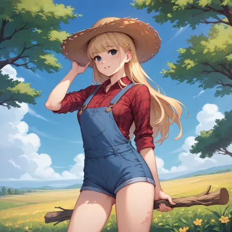 score_9,score_8_up,score_7_up, source_anime, A female scarecrow brought to life, standing in a field. She has long, blonde hair made of straw and a large farmers hat perched atop her head. Her skin is grey and textured like burlap, with no visible irises i...