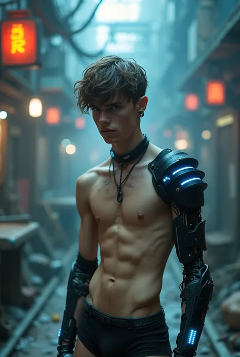 A handsome cute teen male, with brown hair, cute punk hairstyle and pale skin embedded with small blue cybernetic ports around and wrists. ((Barechested. Shirtless revealing a scrany and emaciated body)) and his tIgHt rEVealiNg cyberpunk sTiPper shorts, th...