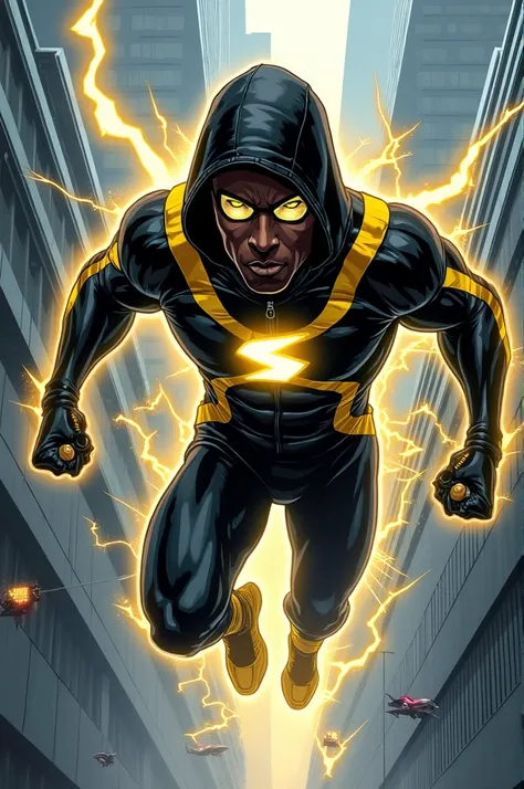 Black Lightning, an adult man with a piercing gaze and a focused expression, hovering over a futuristic metropolis with imposing skyscrapers and flying vehicles, in a dynamic composition with a low-angle perspective, characteristic of comics. His black sui...