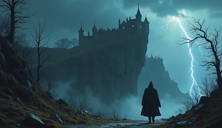 The wizard walks toward a distant fortress perched on a jagged cliff under a stormy sky. The fortress is crumbling and ominous, with blackened stones and shadowy tendrils emanating from its windows. The landscape is barren and desolate, with twisted, lifel...