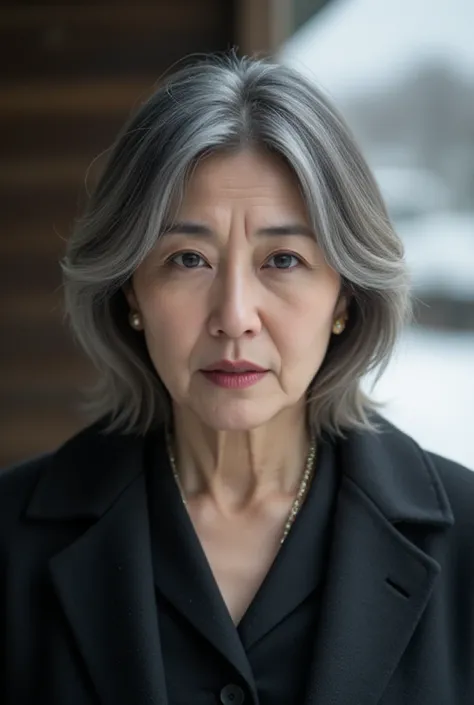 A Japanese woman, 48 years old, with streaks of white hair, exuding upper-class sophistication and mature charm (mature allure: 1.6). She has a somber and anxious expression, reflecting her deep worry about whether her husband will return safely. Her fine ...