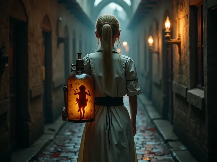 
 designed for a beautiful elven nurse , about twenty-five years old,  with her blond hair tied up and her uniform moderately bloodied ;  walking down the dark corridor of a humble medieval hospital ,  embracing a large bottle with a wide, clogged mouthpie...