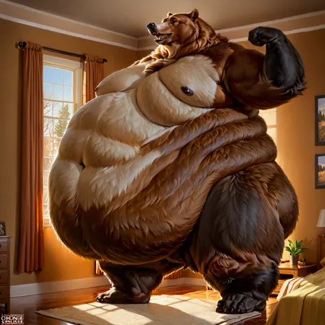 Single one-headed Very Extremely Morbidly-Obese Grizzly Bear standing on two legs with unbelievably Very very very Extremely Massive Overhang white Belly, massive belly, morning stretch, realistic proportions, (((belly fills whole room))), side view. 