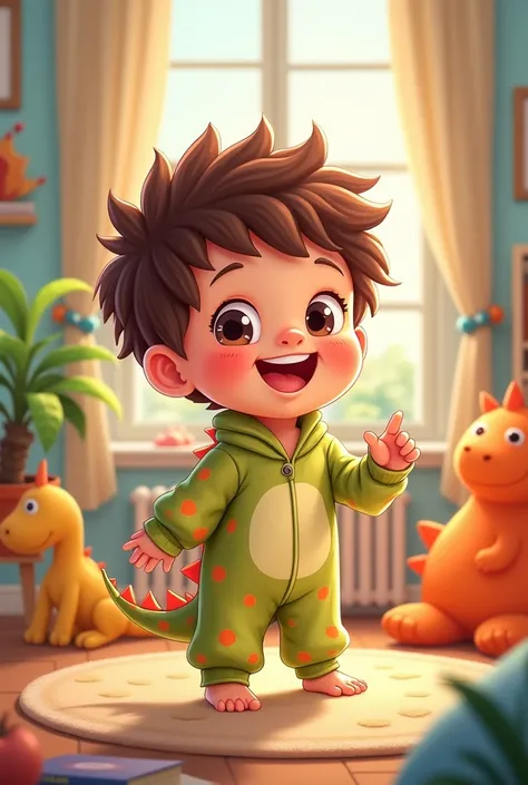 Create a cartoon with dinosaur pajamas under the cartoon put the name Uziel_MB