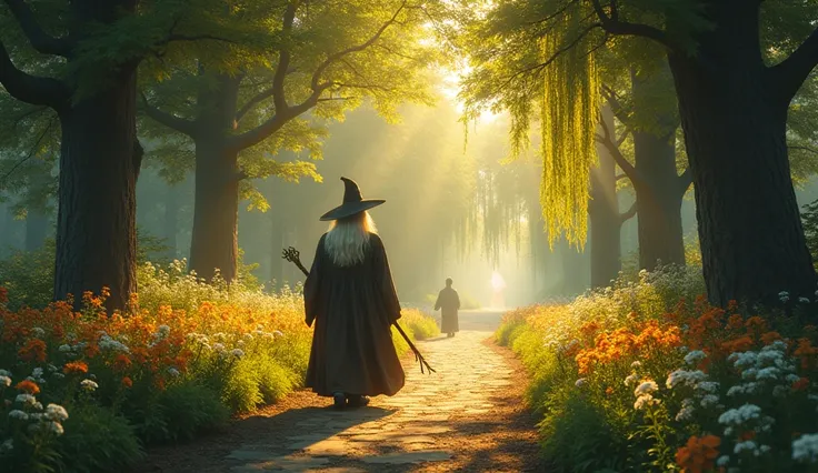 The wizard walks away from the glen, his silverwood staff glowing softly as the sunlight bathes the forest in warm hues. The path is lined with vibrant flowers, and the trees seem to bow in gratitude. In the distance, the willow tree and Sylara’s glowing f...