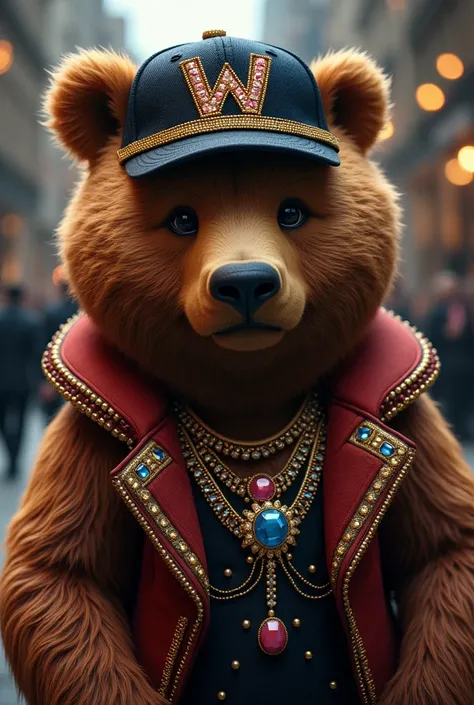 A bear with jewels and a W logo cap