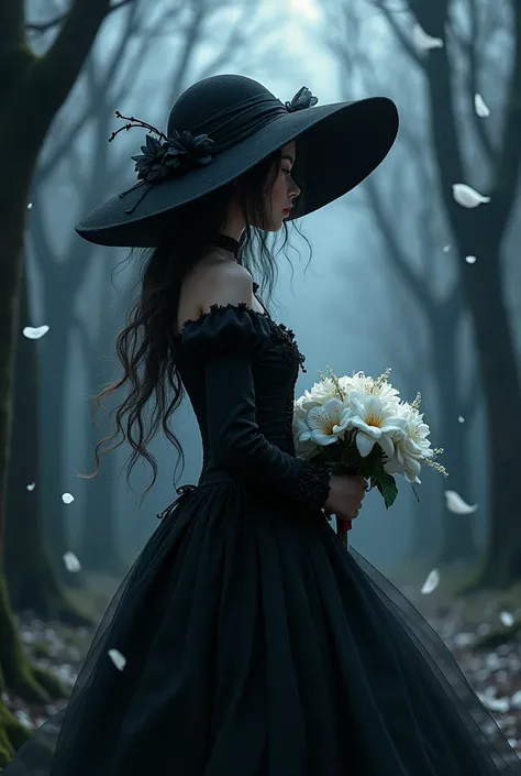 1girl anime,,face not visible,black Gothic dress,black hat,white bouquet,(holding white bouquet),standing,front,(black petals flying in profusion),Rain of petals,many petals,innumerable petals,petals floating in the air,Art Deco,Color Field painting,rococo...