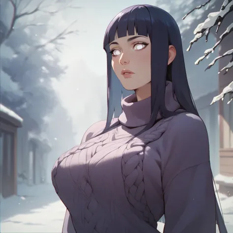 A girl with a a dark blue hime cut hairstyle, white eyes, large breasts, slender and curvaceous body, wearing a purple Winter sweater dress