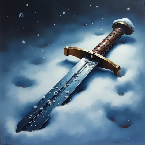 An oil painting with rich, realistic lighting and dramatic shadows depict the hilt of a broken sabre laying in the snow, partially covered with snow flakes, the broken blade gealming in the gloomy moon light.