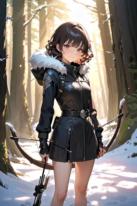 1 girl, (cute face), young girl, (short curly hair), (confident smile), (small breasts), slim, (wearing winter huntress attire), thigh-length, (fur trim),  
BREAK  
Snow-covered forest, hidden behind trees, (tracking footprints:1.2), (holding a bow:1.2), q...