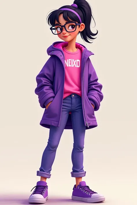 You have a teenage girl wearing purple and pink ,  with a short hair style with a ponytail ,  glasses with a t-shirt and a purple jacket, purple jeans and sneakers of the same color