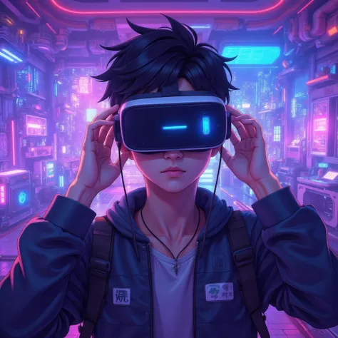 A futuristic Asian young man, drawn in 2D anime style, wearing a VR headset, with both hands touching the sides of the VR headset as if adjusting it. The young man is facing the camera directly, with a focused and intrigued expression. The background is a ...