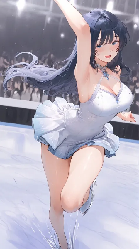 A woman are ice dancing, Indoor skating rink, my skirt is fluttering, white mini dress, reika aoki, jump, 