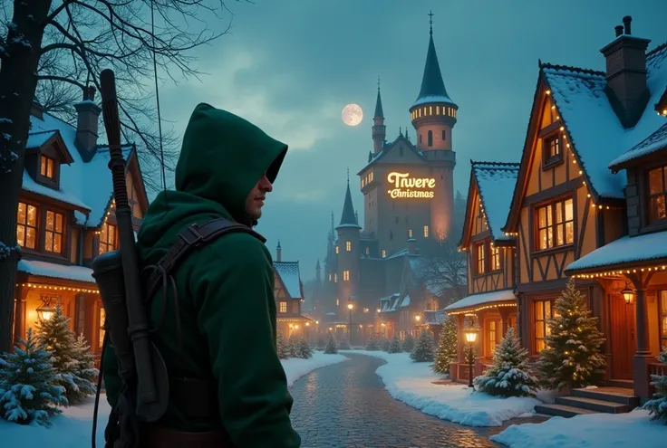 highly detailed Christmas dynamic ,  cinematic , stunning,  Robin hood  staying close to camera with green hoodie clothes , the village, and in the back in castle and in the sky big Galaxy, and large Text Tverse in the Castle ,  picturesque inscription is ...