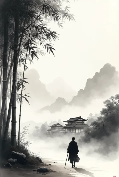 Ink Painting、cloud、Edo、 Scenery、 black and white、bamboo