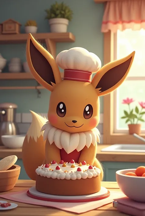 Anthropomorphic Eevee, apron, chef hat, baking a cake, 1 girl, average sized breasts, brown fur