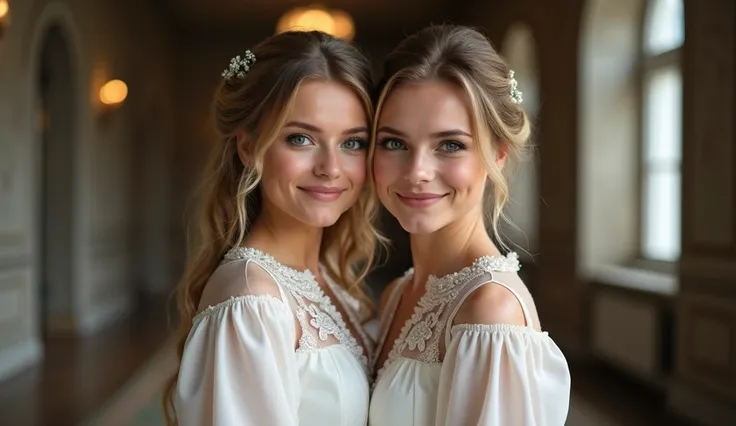 high quality, 8K Ultra HD, Best Married Cloth in 37 years Russian Two Beautiful Girls in Married, Full Body add , And Smiling In Face, Bigg Breath, Bigg Uss Add , Begaround in marriage hall , deferent hair style , Full Body Add and face to fac standing 