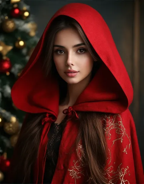 Beautiful girl in holiday classic red Christmas hooded cloak, golden bells hanging from a Christmas tree, beautiful detailed face, beautiful detailed lips, extremely detailed hair, , long eyelashes, intricate embroidered patterns on the cloak, glowing gold...