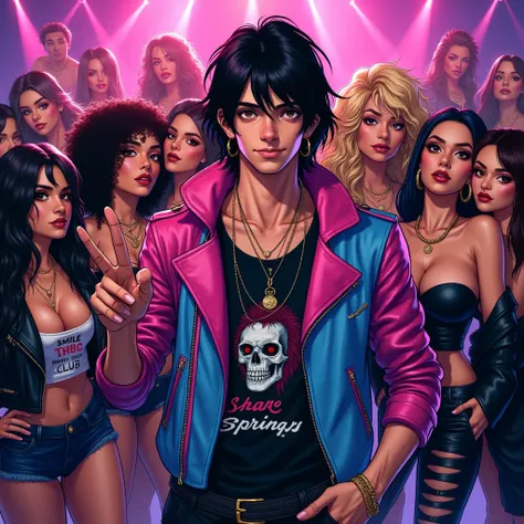 "Shane springs" big concert sign, thin male, white American teen boy 20 years old with medium length black hair, wears a black shirt with a horror comic figure print and a bright pink blue leather jacket, shaved, dirty smirk, showing peace sign, 3 boys in ...