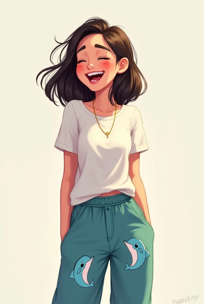 , female, Laughing ,  Looking down , Dolphin Pants,  Wearing a white t-shirt.  animation style