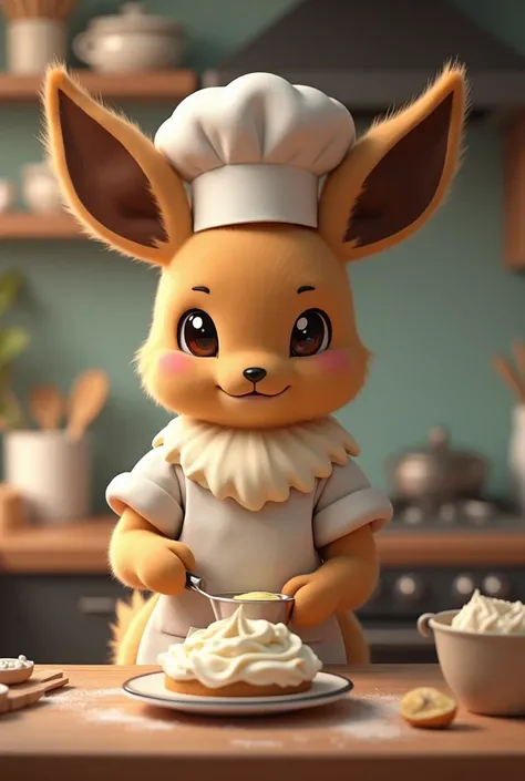 Anthropomorphic Eevee, apron, chef hat, baking a cake, 1 girl, big breasts, brown fur