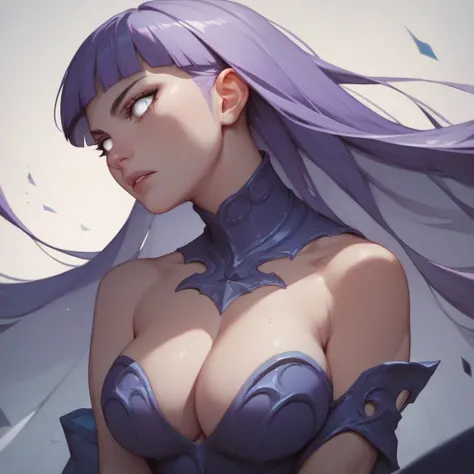 A girl with a a dark blue hime cut hairstyle, white eyes, large breasts, slender and curvaceous body, wearing a purple velvet dress