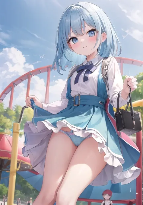 ((Light color)),, debt/1.2, 超 high res,  Attention to Details ,  top quality ,  high res, masterpiece、Memories at the amusement park、date、Dressed up girl、 cute、Amusement park on a sunny day、light production、Gentle colors、Light blue panties、 short skirt