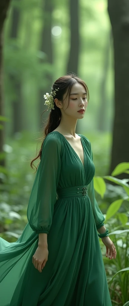  Deep green ，The time is quiet。 White shines like snow ， Green dress like jade ， A cheongsam blends with the forest scenery 。 Little flowers in the hair ， Echoing the greenery ， Flashes like forest elves 。 Walking through the woods ， In this verdant world ...