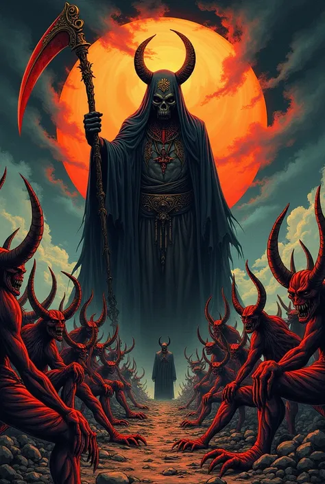 A hauntingly beautiful death metal artwork by Rambadog, combining themes of World War 2, the Japanese invasion of Tanah Jarawa, Java horror, and Java mysticism. The composition features a horde of demonic creatures with occult symbols and elements. A centr...