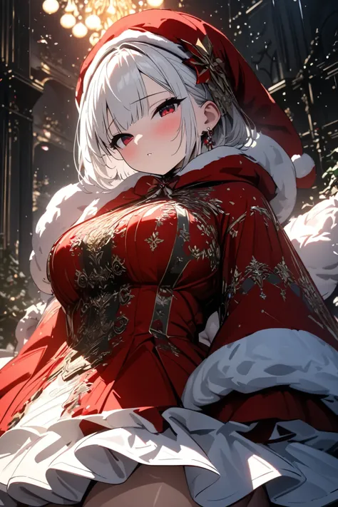 coboy shot, christmas theme, santa costume, long sleeves, skirt, cute girl, solo, short hair, white hair with gray ends, ruby red eyes, large breasts, Pierced earrings, blush, flawless smooth skin, looking at viewer, nihilistic smile, half closed eyes, ind...