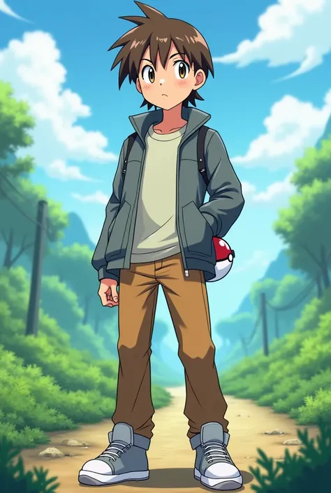 Create a teenage Pokemon trainer boy with straight brown hair wearing a gray coat and brown pants and gray sneakers in anime/ cartoon 