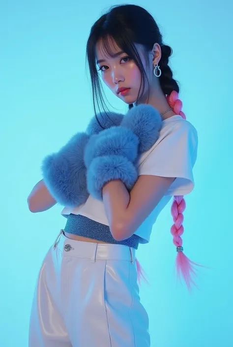 A realistic kpop girl in two black and pink mixed hair colour, france braided hair, wearing matt white short thin sleeved top white leather baggy pant,  matt blue waist belt and matt blue snickers, matt blue fluffy long hand gloves wearing silver big round...