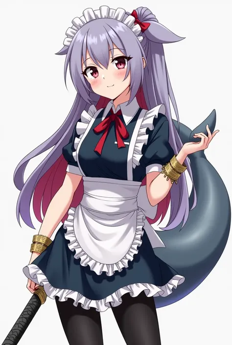  My hero Academia character ,  girl with a gray sharks tail ,  purple hair at the tips and red at the root of her hair ,  with a ribbon in her gray hair ,  with small yellow touches in her hair , with pierced ears ,  with katana Black tights with maid cost...