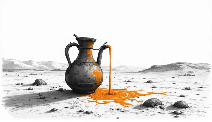 Black and white,orange accents, 2d spidol drawing, with orange accent, ancient roman era, small, worn water flask pouring precious drops of water, desert, 